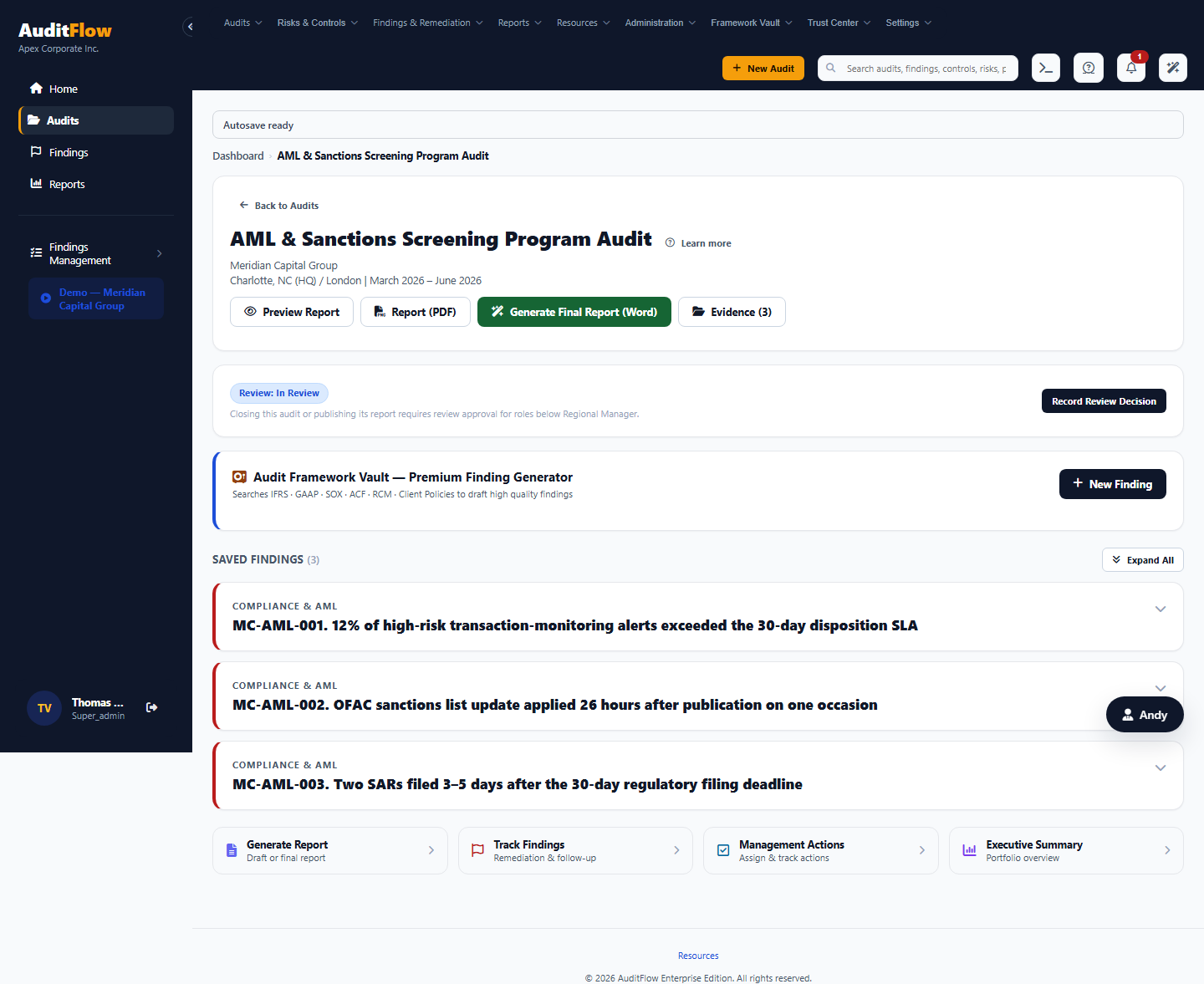 The AuditFlow audit workspace for the Vendor & Third-Party Risk Management Audit, showing its In Review status, saved findings with severity indicators, and report/evidence action buttons