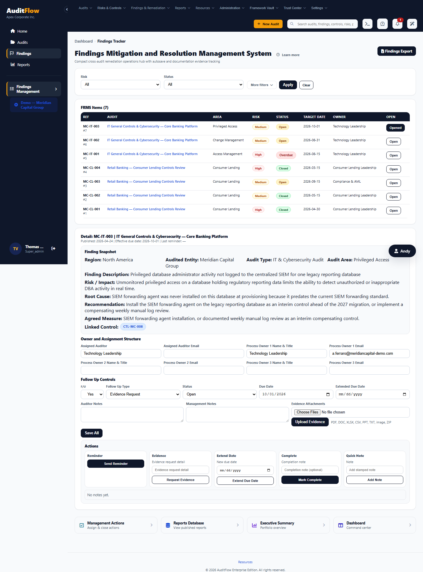 The AuditFlow Findings Tracker, showing FRMS items with owner, assignment structure, and follow-up controls for each finding