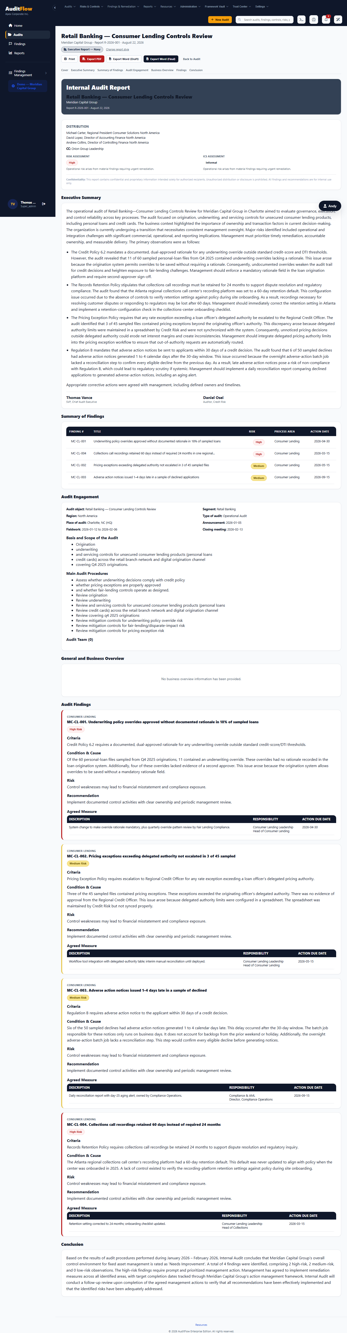 The native in-browser view of a published AuditFlow audit report — cover and title block, distribution list, risk assessment, and the opening of the Executive Summary